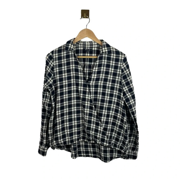 Madewell Arion Plaid Wrap Front Long Sleeve Blouse in Black/White Size M - Picture 6 of 10